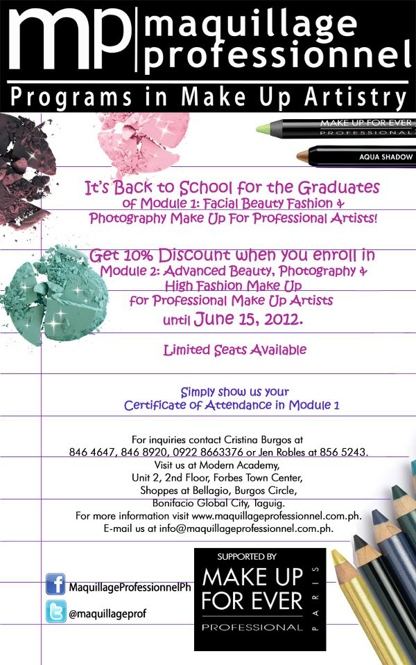maquillageprof's tweet photo. Here's a treat to all our Module 1 Graduates! Take Module 2 Advance Make Up Class and get 10% Discount. Hurry! http://t.co/gpXeQpEp