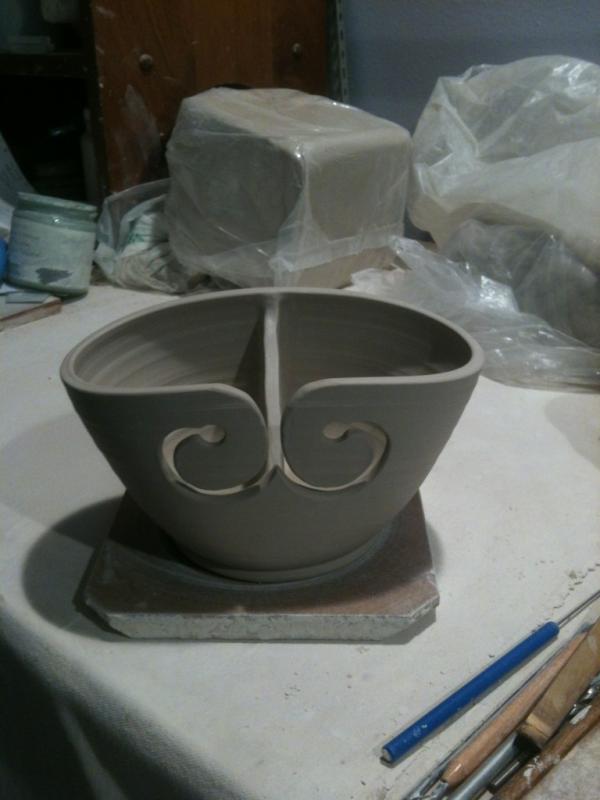 Sneak peek: divided oblong yarn bowl for holding two yarns at a time: