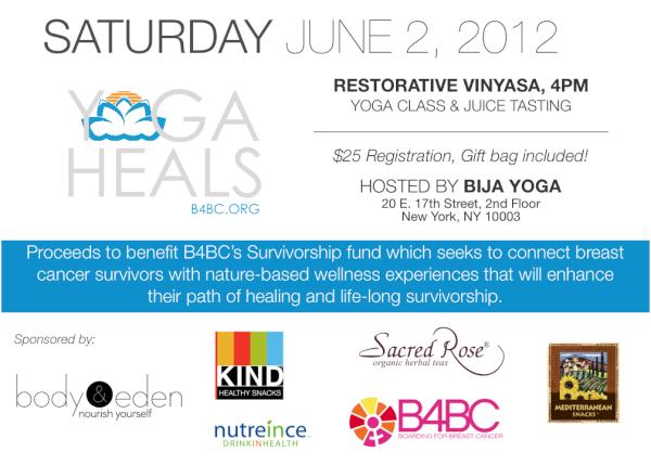 YOGA HEALS // Saturday 6/2- Restorative Vinyasa &amp; <a href="/BodyandEden/">Body & Eden</a> juice-tasting hosted by @BijaYogaNYC to benefit @b4bc