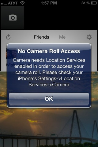 FlySubs's tweet image. So Facebook Camera can't access my camera roll unless I turn on location services.  Scary.  #FacebookCamera