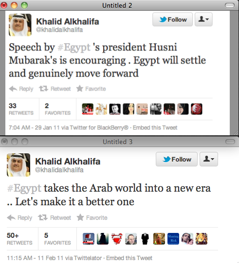 Araballla's tweet photo. وزير الخارجية البحريني ، يوم يساند مبارك ، ويوم آخر يبارك الديموقراطية.. تناقض واضح. #bahrain http://t.co/sAUAva8t