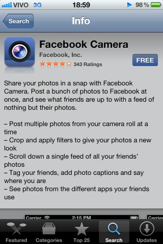 claudersousa's tweet image. O Facebook já liberou o novo app na AppStore, mas só tem na Americana... #FacebookCamera