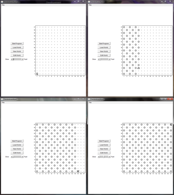 joshtguerra's tweet image. progressing from top-left going clockwise, It's checkerboardKarel!!! #karelTheRobot #codingAfterDark