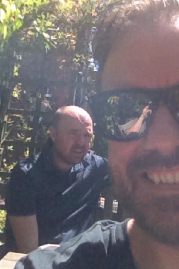 rickygervais's tweet photo. Working outside in the glorious sunshine, drinking cold drinks,
and Karl is complaining it's too hot. 

Unbelievable. http://t.co/sfomwhXC