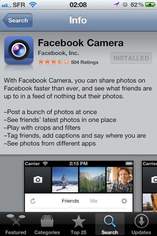 PLaromiguiere's tweet image. La nouvelle appli #FacebookCamera est canon... only available on US Apple app store pour le moment :)