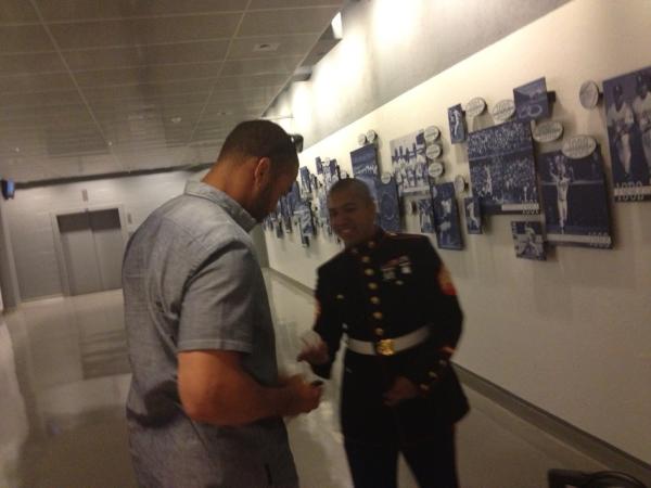 Dodgers's tweet photo. From Albuquerque to LAX to Dodger Stadium: @TheRealMattKemp is back! And thanking our true heroes on Memorial Day. http://t.co/uaT6iqlW
