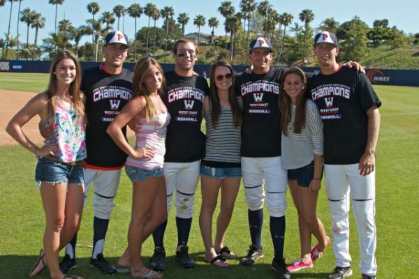 Some of our players (WCC Champs) with our newest WCC Champs! #PepperdineSoccer, #GoWaves, @wavesbaseball7!