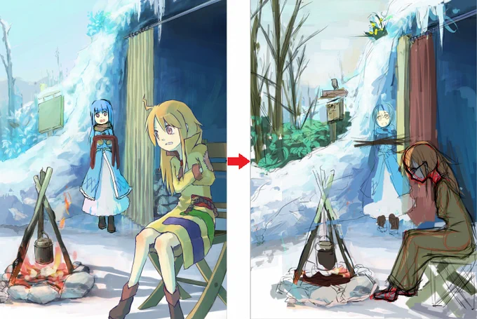 気に入らなくて手が止まっていたイラストをズリッと修正。気に入らないと引きづったまま描き続けるなんで苦行以外の何でもない 