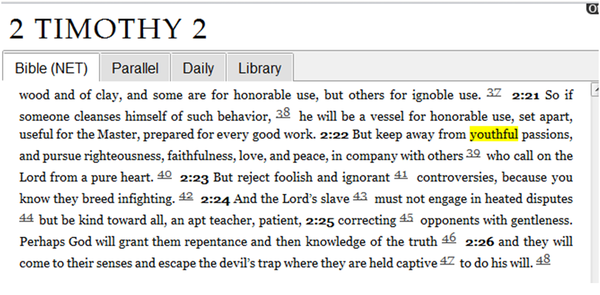 gtsaone's tweet image. Keep away from youthful #passions, and pursue #righteousness ...
@bibleorg #NETBIBLE