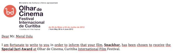 Mijn film Snackbar wint juryprijs in Brazilië!