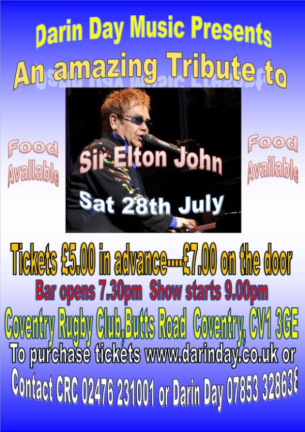 Elton John tribute confirmed for 28th July! BOOK NOW on 07853 328638