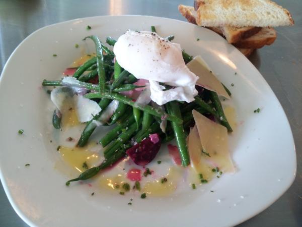 hangarb's tweet photo. Haricot vert &amp; chiogga beet salad with Meyer lemon vin and poached duck egg ...Come down to hangar b and getcha some http://t.co/m4yJbLOi