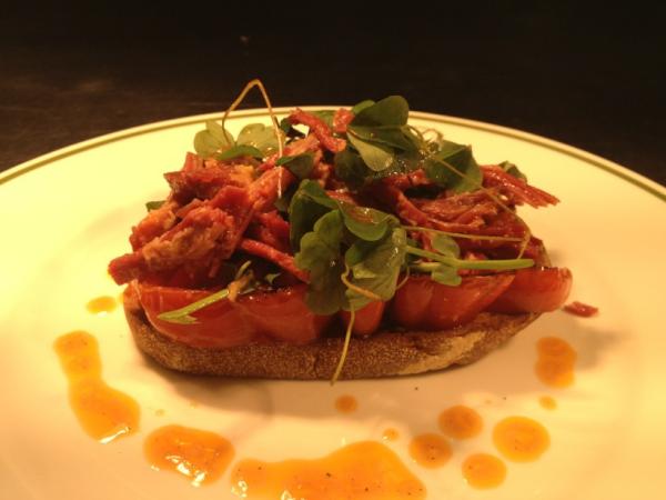 Bloody Mary tomatoes on toast with salt beef and horseradish mmmm lovely