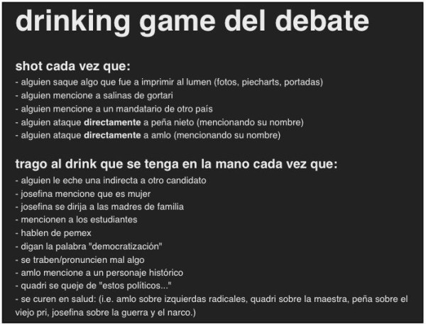 alcoholimetro's tweet photo. Aquí hay un drinking game para el debate presidencial de hoy, solo para profesionales http://t.co/L3nWeC3G