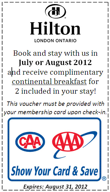 HiltonLondonON's tweet photo. Book your @CAA or @AAAnews reservation for JULY or AUGUST and print this coupon to receive continental breakfast for 2! http://t.co/F2tPYDkO