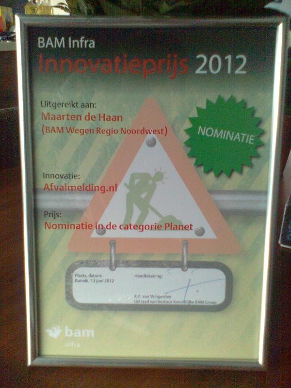 M_de_Haan's tweet image. Genomineerd voor de #innovatieprijs van @BamNederland met #begeleiden van #freesasfalt met @WeegNet #afvalmelding. #in