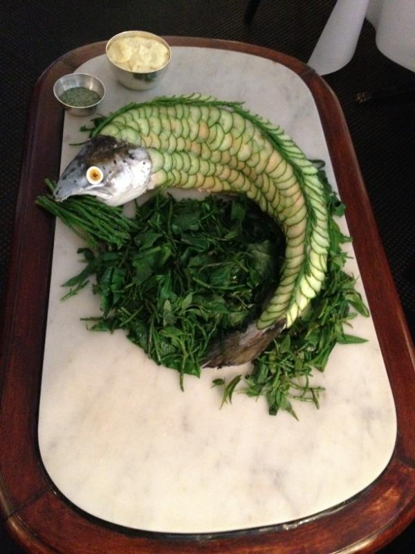 Whole poached salmon with sea vegetables served from the trolley, just like the old days love it