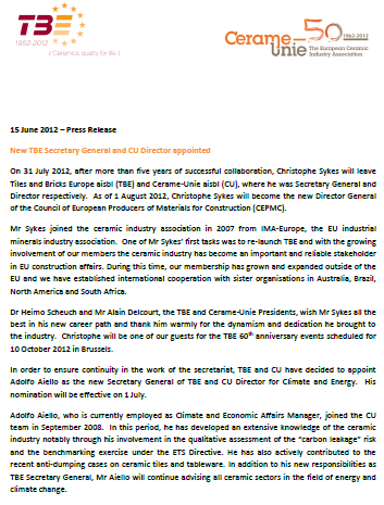 A. Aiello to be #TBE Secretary General as C. Sykes appointed Director General CEPMC tiles-bricks.eu/en/downloads/p…