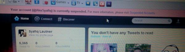 TnyyJ's tweet photo. same like mine!! cane nak buat?? RT @AkuSyafiq My twitter Account got Suspended? Thank God i can retrieve My account.. http://t.co/e69P6nRU