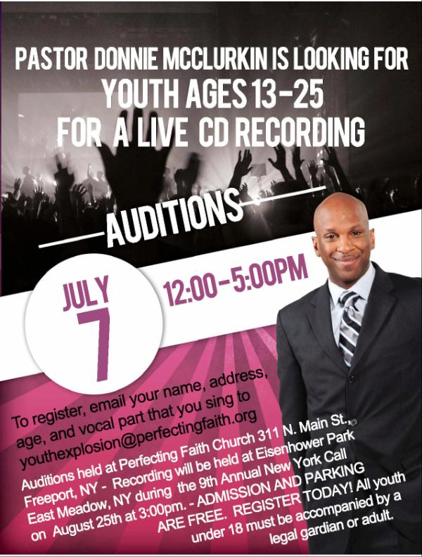 PFCNY's tweet photo. Pastor Donnie Mcclurkin holding auditions for Live Youth Choir recording on Sat, July 7from 12-5PM PFC for Ages 13-25. http://t.co/Ewdtgvz1