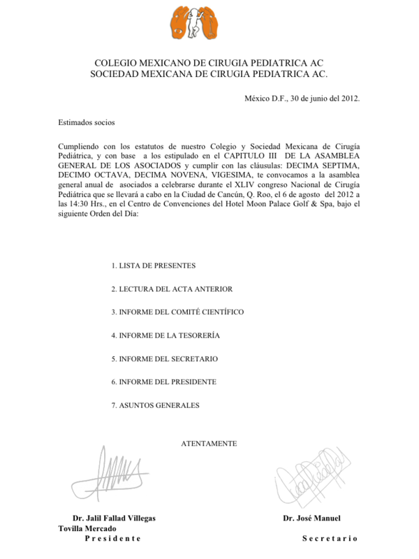 ASAMBLEA GENERAL DE LOS ASOCIADOS el día 6 de agosto del 2012 a las 14:30hrs en Cancún, Q.Roo
