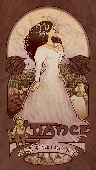 LabyrinthWiki's tweet photo. What do you make of this Mucha-esque depiction of Sarah by @mLARAart? I love the lines, am undecided on the sleeves - http://t.co/VKeeeTqV