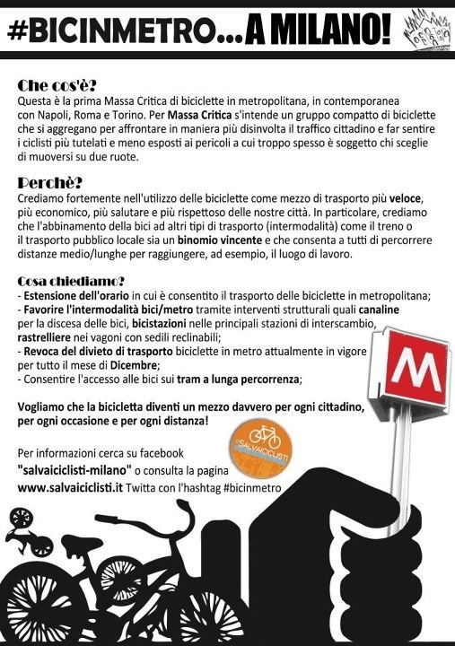 #Flashmob #Milano <a href="/salvaiciclisti/">Salva i ciclisti</a>. Il Bicibus supporta e partecipa. Lotto alle 8 +bici+baci in metro