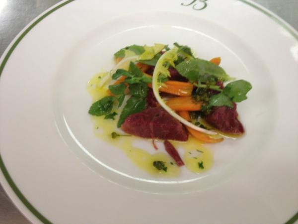 ox cheek with pickled carrots &amp; ramson seeds. When making forgot to give to chefs to taste scoffed the lot