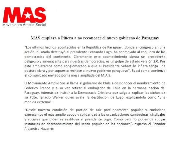 partidomas's tweet photo. Emplazamos a Piñera a No Apoyar nuevo Gobierno Paraguayo...no a las dictaduras 2.0 @UPIChile http://t.co/V4XvXFAl
