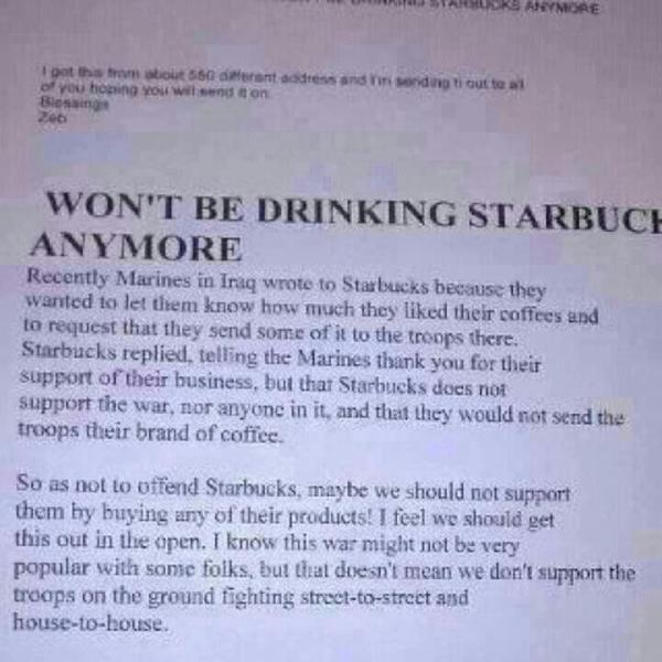 RevDoBell's tweet image. Check this letter out. We all should boycott @Starbucks they don't support our troops then they don't need our support.