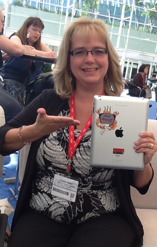 GingerLewman's tweet image. @cbaker3 shows off her @kevinhoneycutt original #techtoo at #iste12