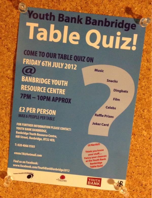 ybbanbridge's tweet photo. #OiNerds Think you know it all? Join YB's Table Quiz next Friday -> 7-10pm :) Only £2 entry and up to 6 per table :) http://t.co/rht1nb6z