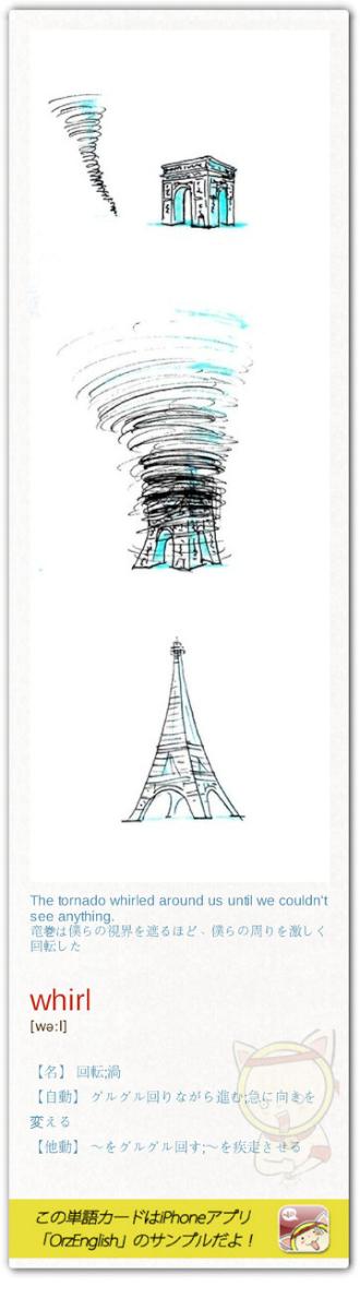 LookLook6's tweet photo. 竜巻が凱旋門を取り込んだ結果、エッフェル塔が出来ました、という絵。★Whirl through someone's mind〔考えなどが〕心に渦巻く；Whirl with dizziness 目まいでフラフラする http://t.co/e5Wak9lu