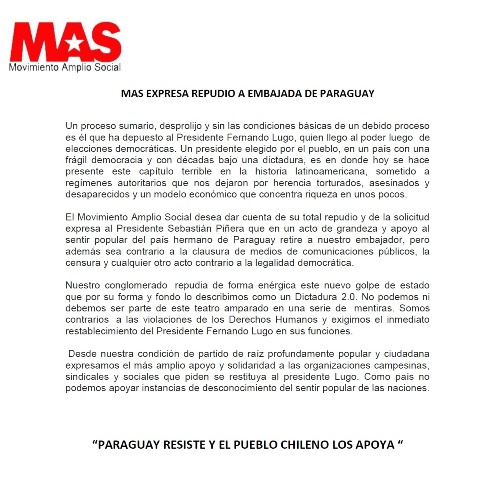 partidomas's tweet photo. @UPIChile hoy entregamos carta en embajada de Paraguay a las 12:30 hrs. repudiamos al nuevo gobierno del hermano país¡ http://t.co/argZZwmG