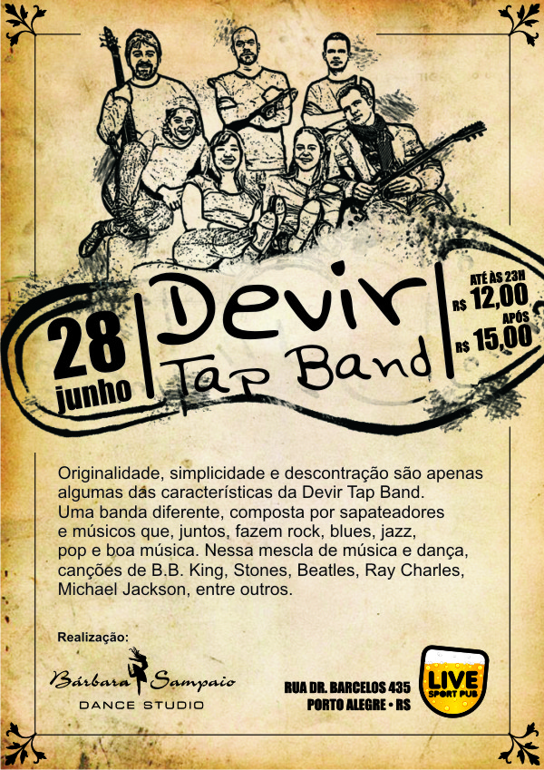 LiveSportPub's tweet photo. Hoje dia de curtir a mescla de clássicos da música e sapateado com a DEVIR TAP BAND! #tapdance #Rock #blues #Sapateado http://t.co/Uyv1cp48