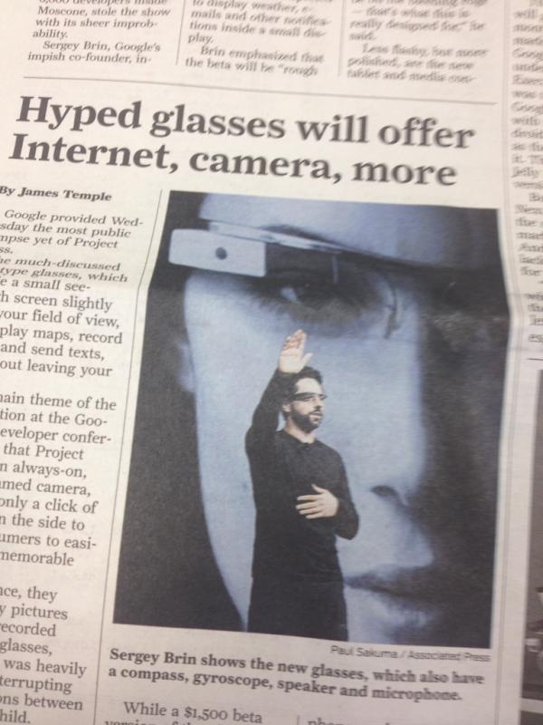 dane's tweet image. Brin demonstrates new “salute to your cyborg overlords”. #Googleio #ProjectGlass