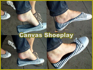 shoe_dangling's tweet photo. Dangling in striped Canvas Flats. **http://t.co/hz3QDolm** This Goddess is Wiggling her Toes in the Shoe. http://t.co/Iq0hNkrd