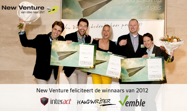 New_Venture's tweet photo. InterACT, Handwriter (@ManonvEssen)  en @vemble  met de cheques. #NVF2012. http://t.co/wB7sfqsh