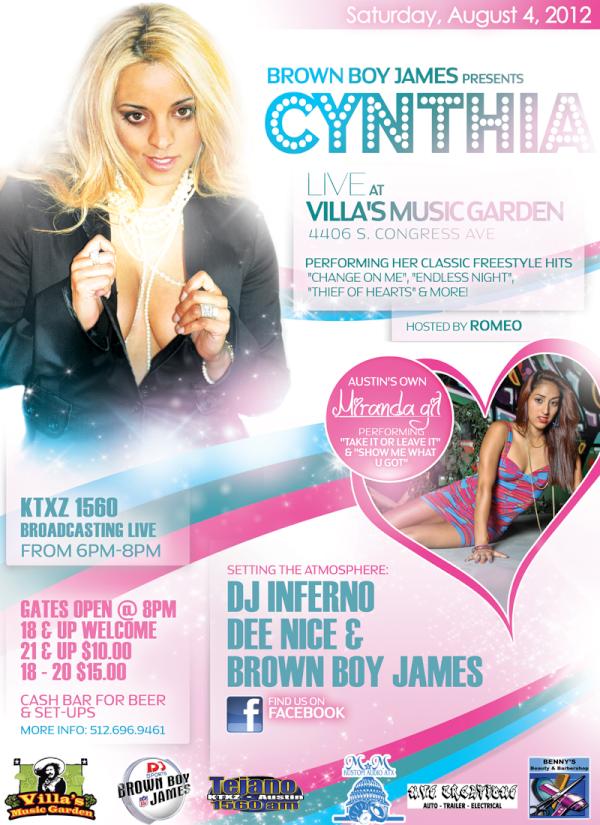 BrownBoyJames's tweet photo. Central TX Freestyle Fans, Be Ready For CYNTHIA LIVE @ Villa's Music Garden in Austin, TX.Sat Aug 4th! 4406 S. Congress http://t.co/YVVd4bcl