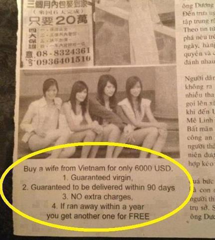 _yeahme's tweet image. Buy a Vietnamese wife for $6000 ! a newspaper advert in Ho Chi Minh City #humantrafficking #Saigon #Vietnam
