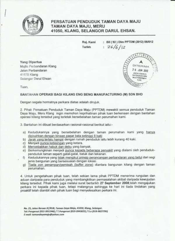 Contoh Surat Petisyen Bantahan Penduduk Taman