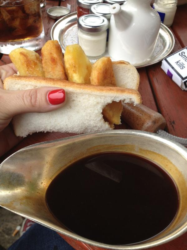 hollywills's tweet photo. Chip sarni with gravy has so far been the highlight! http://t.co/pcTcYCSJ
