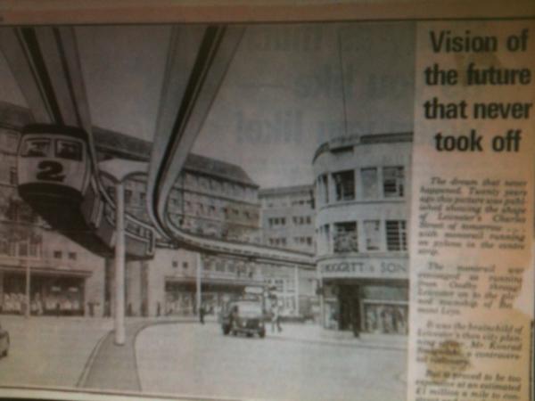 Leicester monorail news report - picture of a monorail and blurry text.