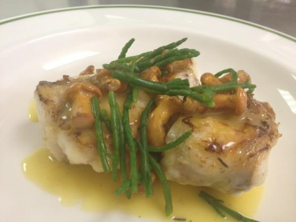 Roasted monkfish, Scottish girolles and samphire sex on a plate