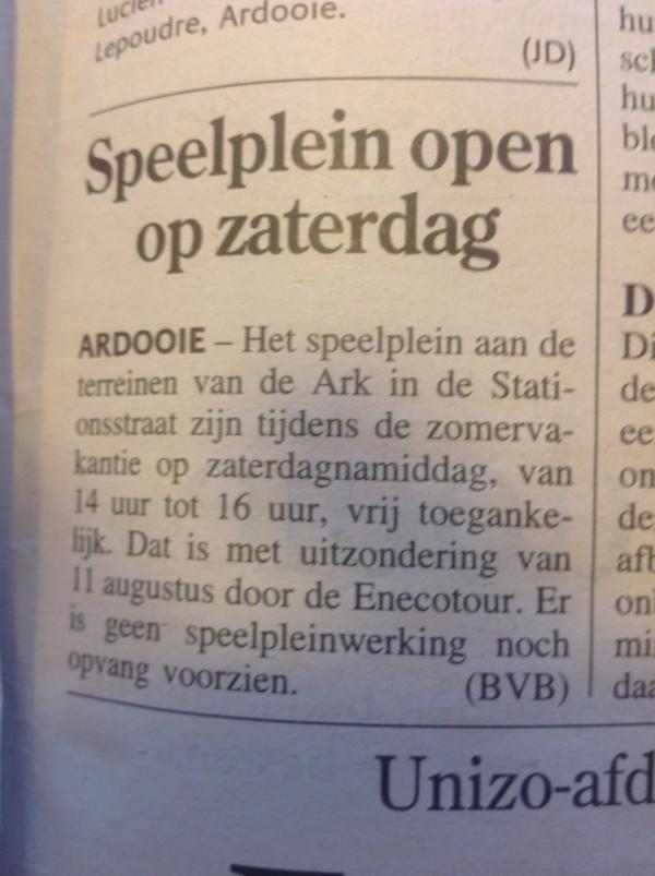 VBuyck's tweet photo. Nieuw deze zomer : speelplein aan de Ark is op zaterdagnamiddag vrij toegankelijk voor jongeren en gezinnen!#Ardooie http://t.co/FQ9mcIee