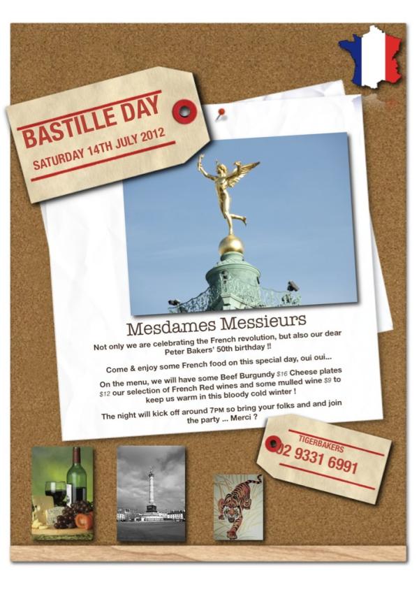 Tigerbakers's tweet photo. Whether u celebrate Bastille day or Peter Bakers' 50th come join us for some fun Sat the 14th of july @Tigerbakers http://t.co/ZbrOlA1Q