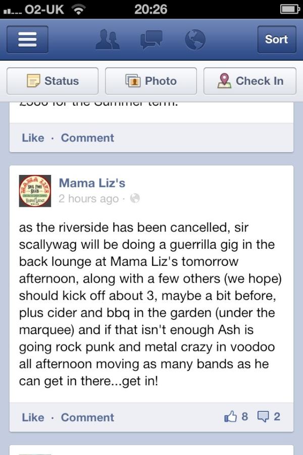 RichardStamford's tweet photo. Mama Liz's in #Stamford is endeavouring to put on as many bands as possible tomorrow as Riverside is cancelled.. http://t.co/O7hsi3tm