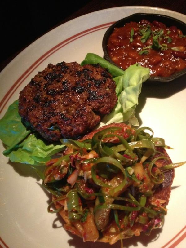 heechino's tweet photo. Korean burger.  Ground short rib in gochujang marinade, picked cucumber and scallion kimchi salad http://t.co/TyWvYJOi