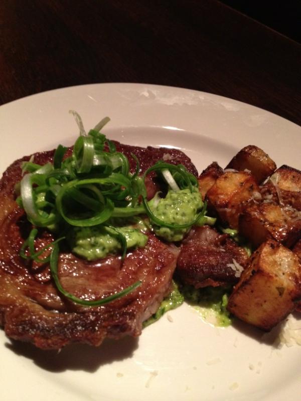 heechino's tweet photo. Cast iron fried ribeye, parsley pesto, layonaise cast iron fried rosemary potatoes. http://t.co/bNniGWaZ