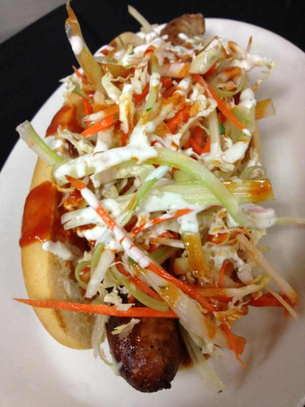 heechino's tweet photo. How goods that look? Chicken sausage, blue cheese, buffalo sauce, celery and fennel slaw! http://t.co/VHkkYuZH
